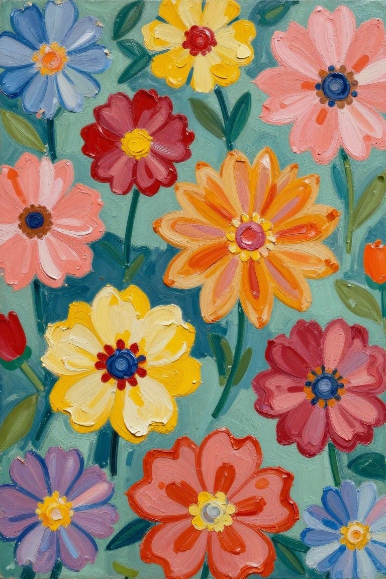 Vibrant impasto painting of colorful flowers with green stems on teal background