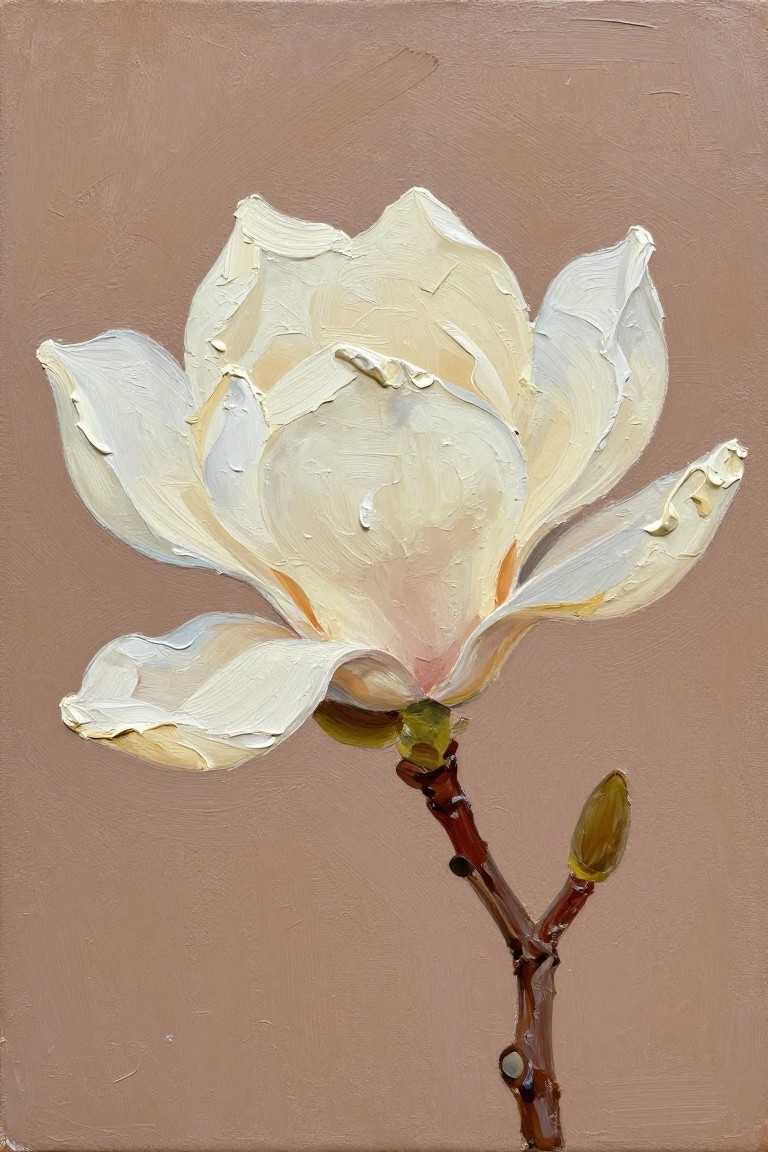 Close-up acrylic painting of a large white flower with thick brushstrokes on a muted brown background and a brown stem with one small bud.