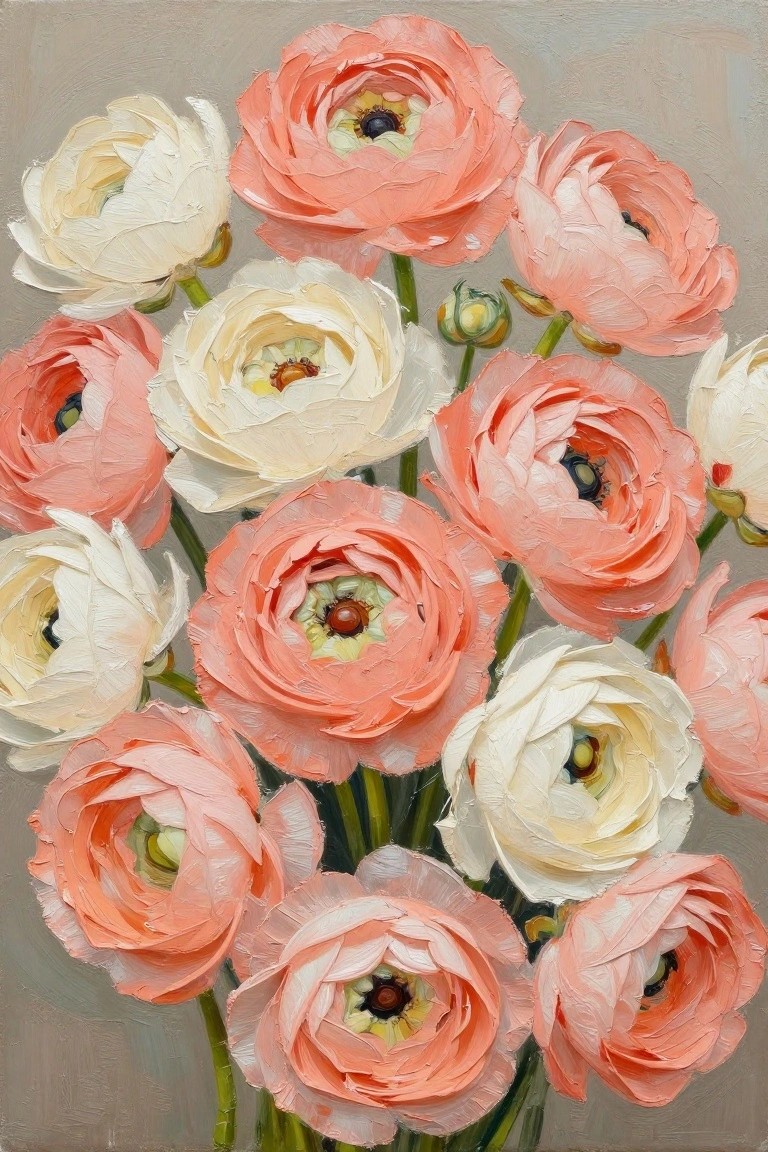 Thickly textured oil painting of pink and white ranunculus flower bouquet