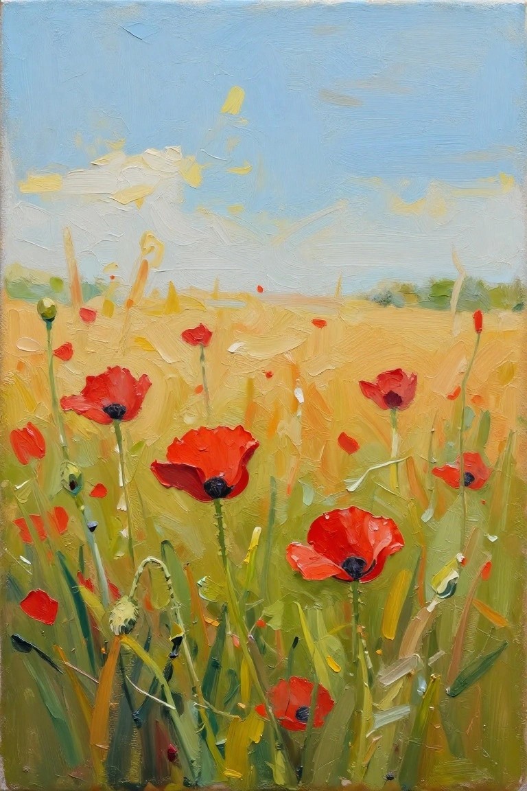 Red poppies blooming in a golden field under a blue sky with clouds