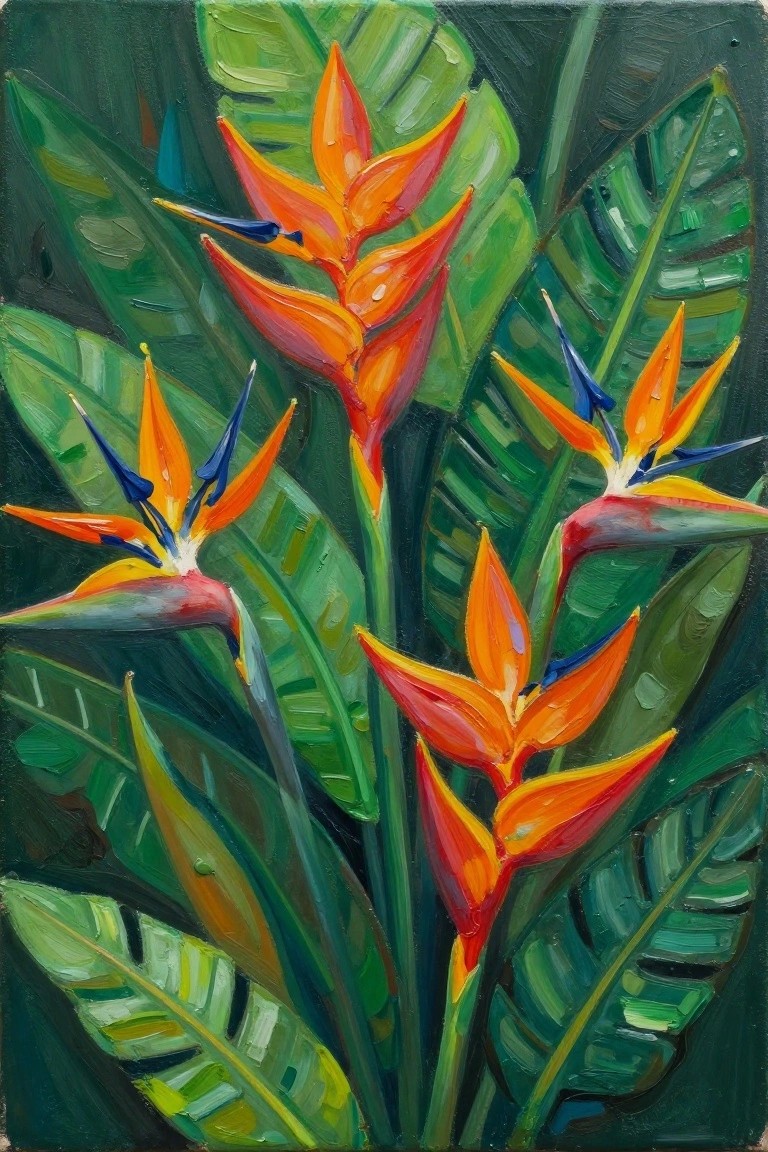 Vibrant orange and blue bird of paradise flowers amid lush green tropical leaves in painting.