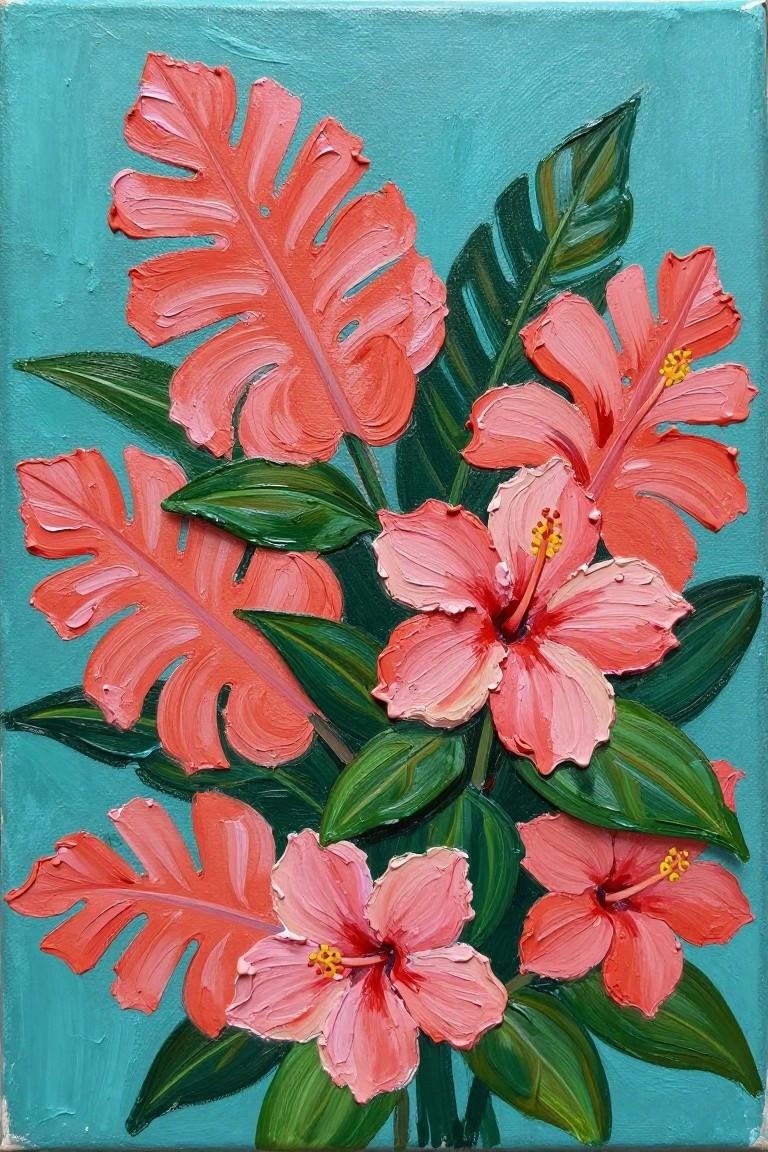 Pink hibiscus flowers and red leaves on teal impasto background \confidence{80}
