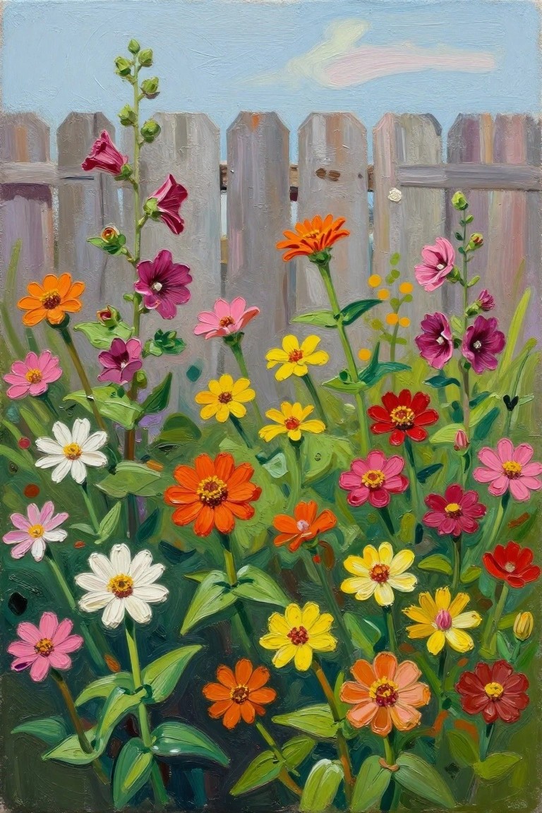 Vibrant colorful flowers bloom before a weathered wooden picket fence under blue sky