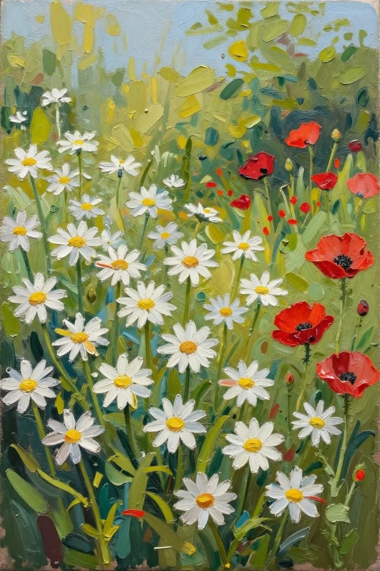 Thickly textured painting of white daisies and red poppies in a wildflower field