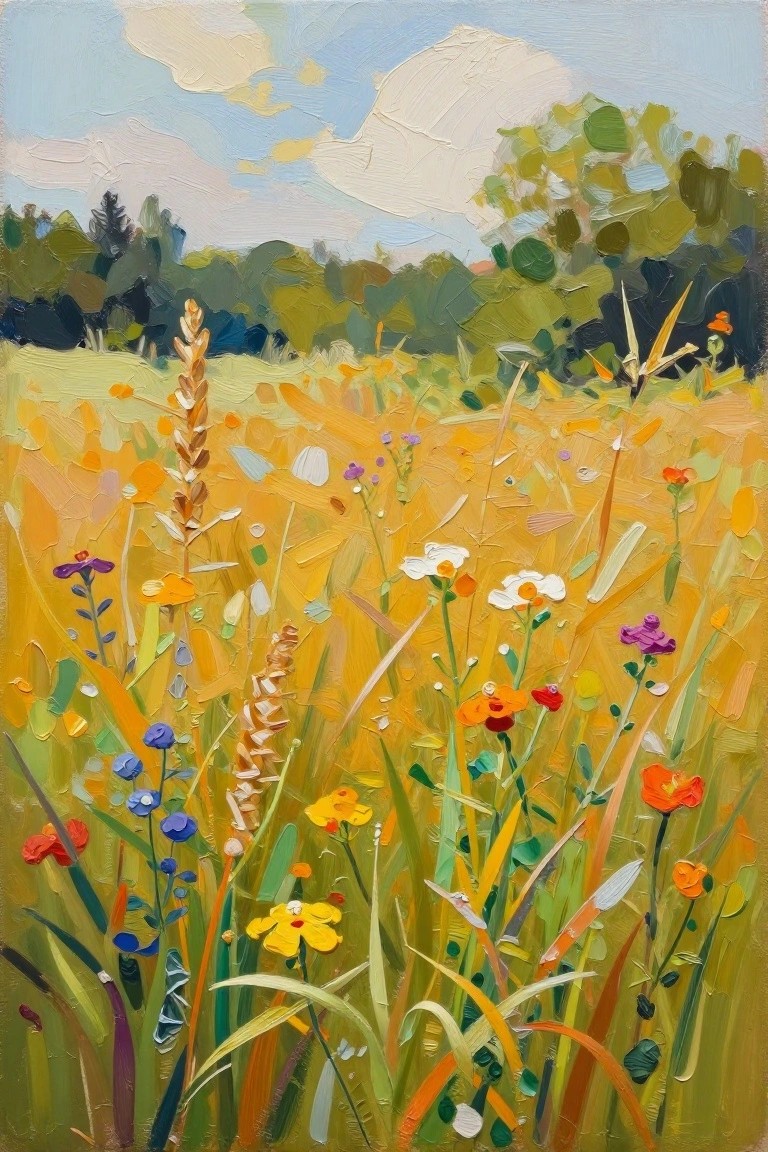 An acrylic painting of a vibrant meadow filled with colorful wildflowers like daisies and poppies, with green trees in the background under a blue sky.