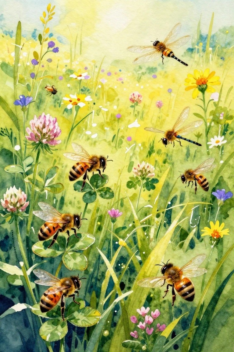 Watercolor bees and dragonflies amid colorful wildflowers in a sunny meadow.