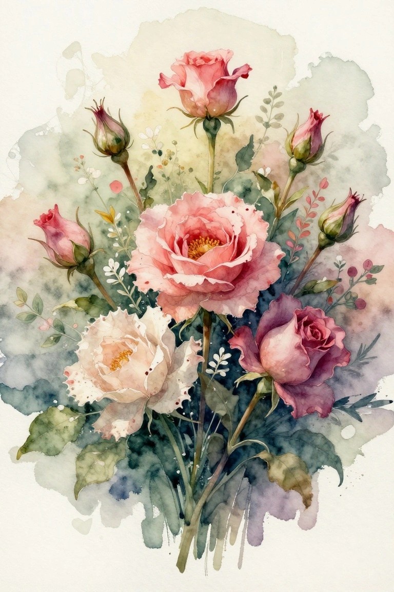 Watercolor bouquet of blooming pink roses, buds, and green foliage on soft background