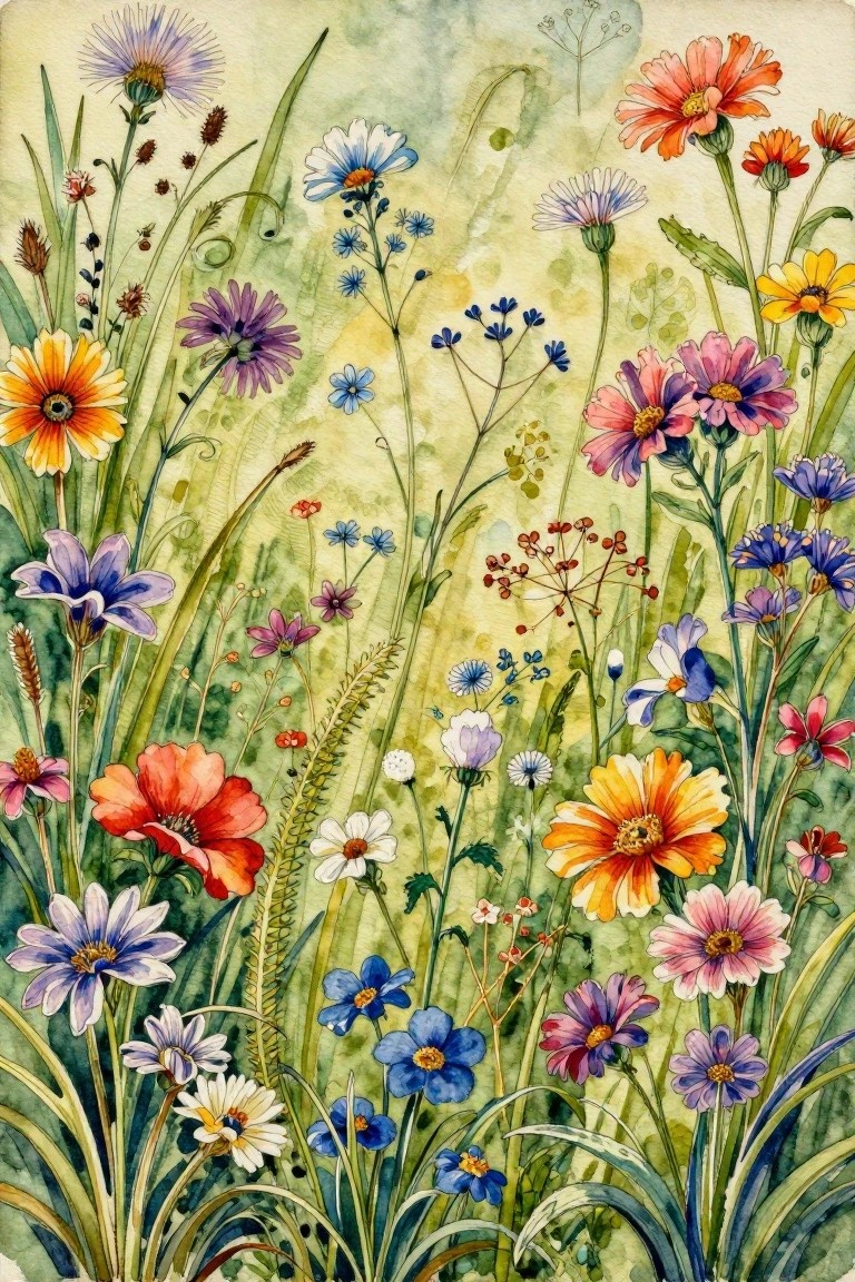 Vibrant watercolor wildflowers in purple, blue, red, yellow with green stems
