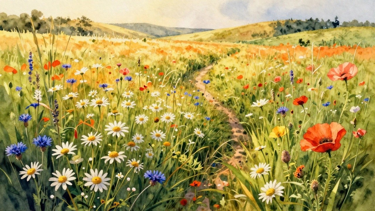 Vibrant watercolor meadow of daisies, poppies, and wildflowers with winding path and hills.