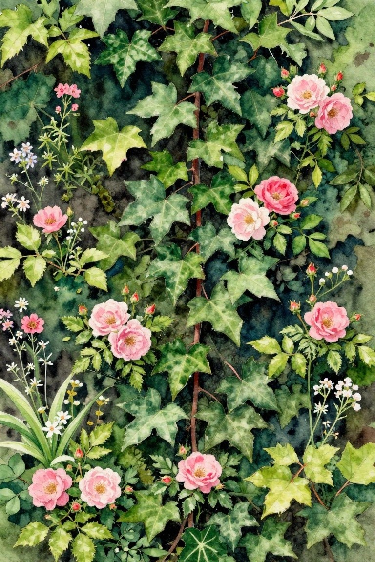 Lush pink roses bloom among variegated green ivy and delicate white wildflowers in watercolor.