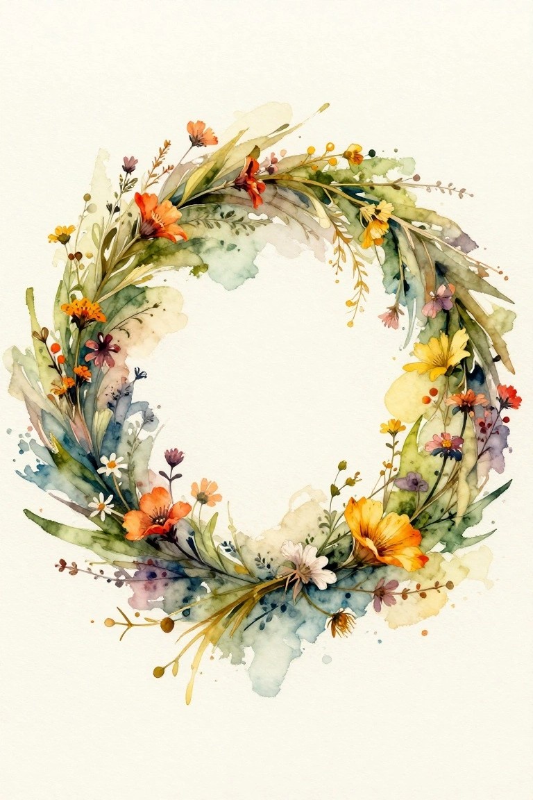 Watercolor floral wreath with vibrant orange, yellow, and blue wildflowers and green leaves