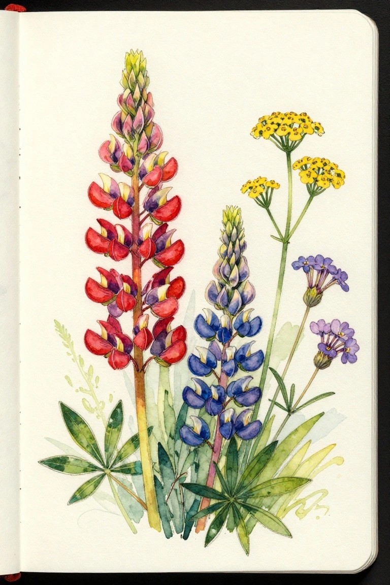 Watercolor sketch of tall red and blue lupine flowers with yellow and purple wildflowers and green leaves in an open sketchbook.