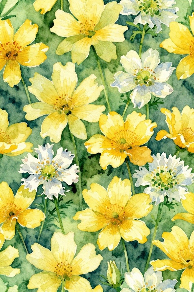 Watercolor painting of yellow and white cosmos flowers with green stems and leaves.