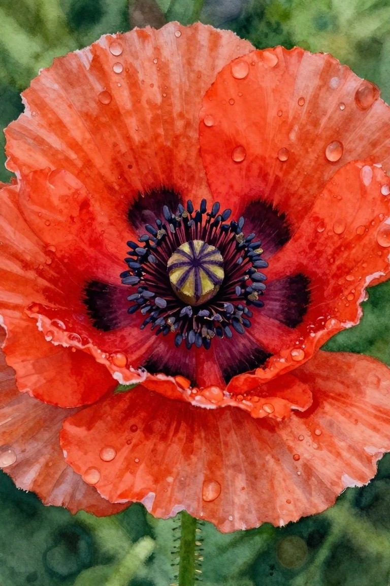Dew-covered red poppy with dark stamens and yellow-green center in bloom.