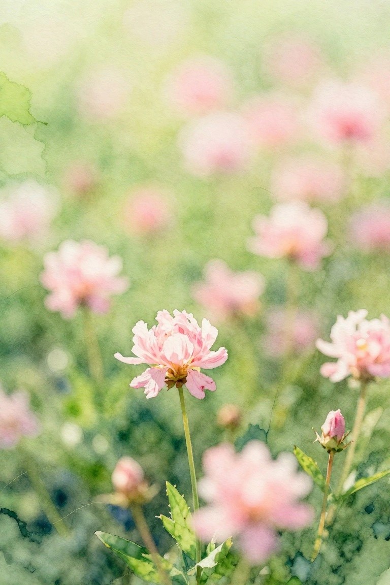 A close-up of a pink layered wildflower in sharp focus against a soft blurred background of similar flowers and green foliage.