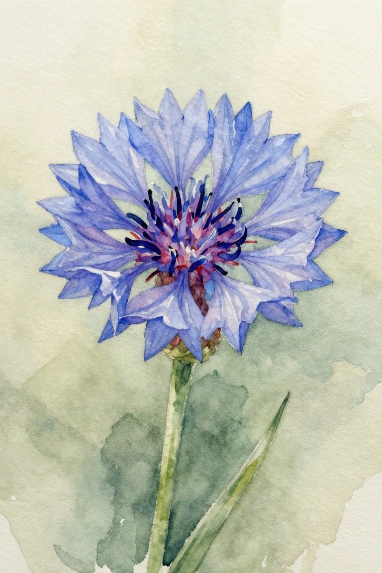 Watercolor painting of blue cornflower with purple-red center and green stem.