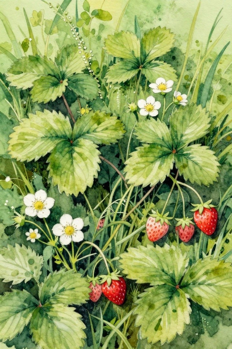 Watercolor painting of strawberry plants with green leaves, white flowers, and red berries.