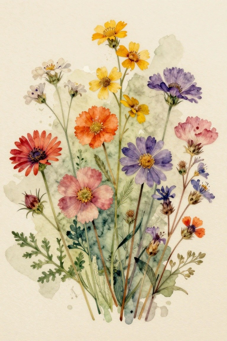 Vibrant watercolor wildflowers in red, orange, yellow, pink, purple, and blue hues.