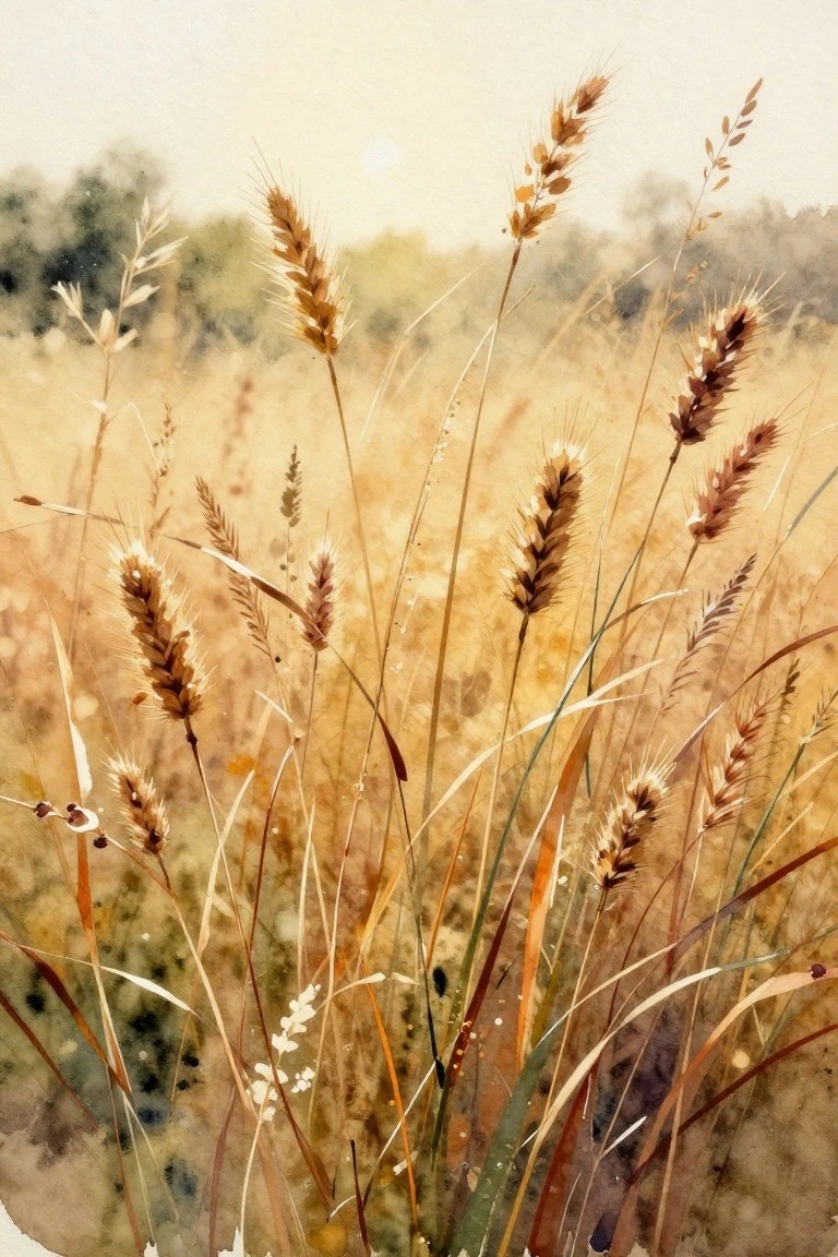 Golden wheat stalks sway in a hazy sunlit watercolor meadow