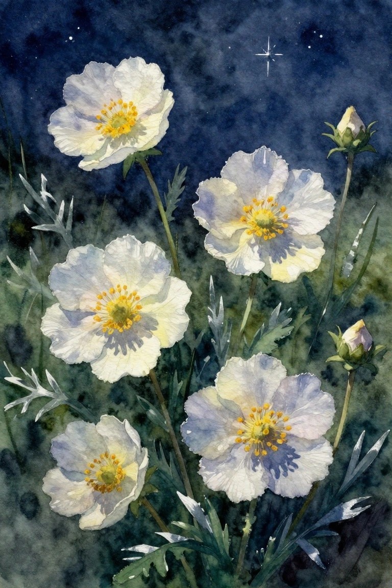 Watercolor of white flowers with yellow centers under a starry night sky.