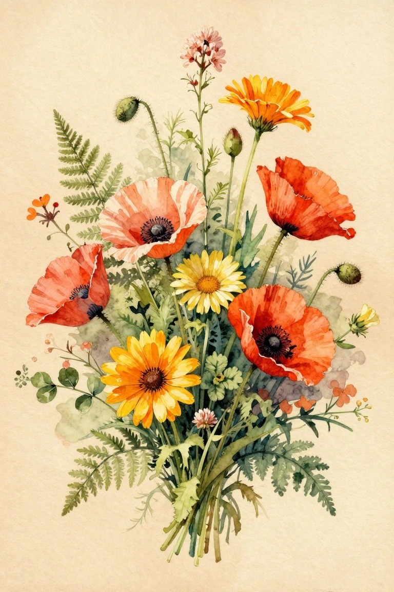 Watercolor bouquet of red poppies, yellow daisies, and lush green ferns and foliage