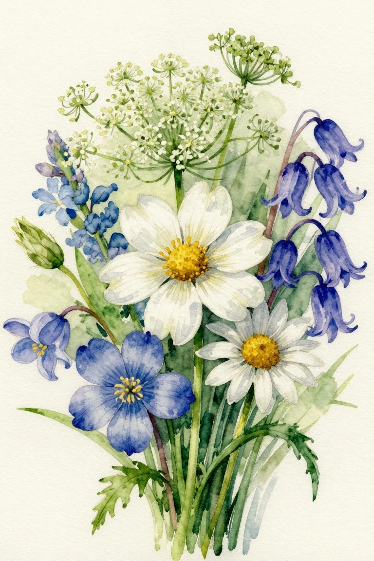 Watercolor of white daisies, bluebells, and green wildflowers in bloom.