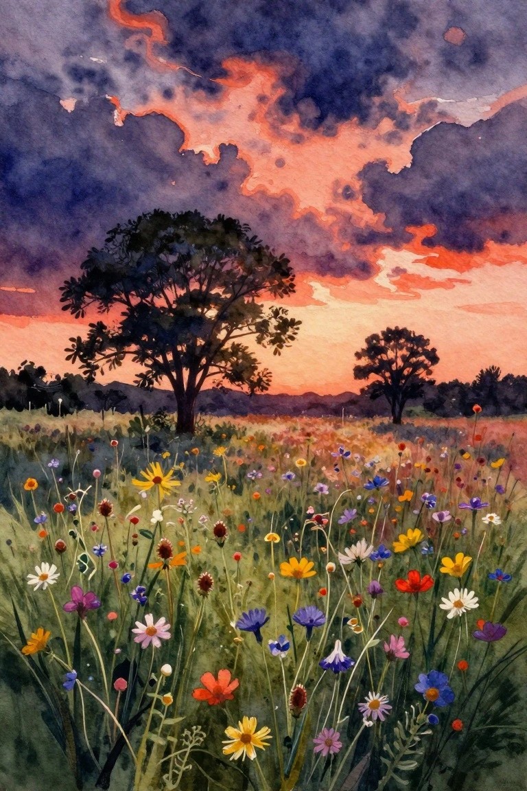 Watercolor meadow of colorful wildflowers beneath dramatic orange-purple sunset sky with trees.