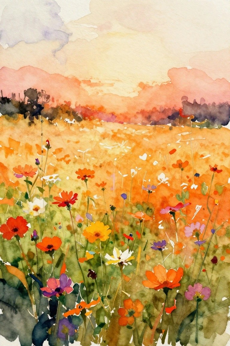 Watercolor meadow of orange and purple wildflowers beneath a colorful sunset sky