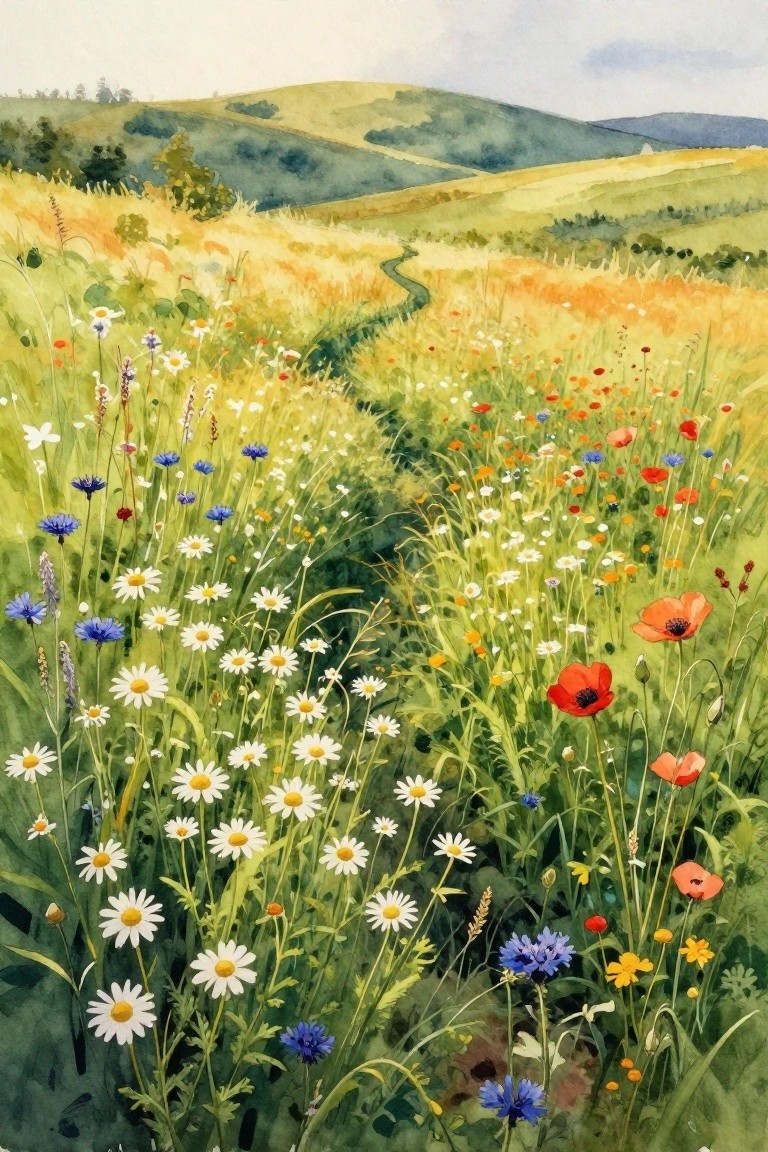 Vibrant watercolor meadow of daisies, poppies, and wildflowers with winding path and hills.