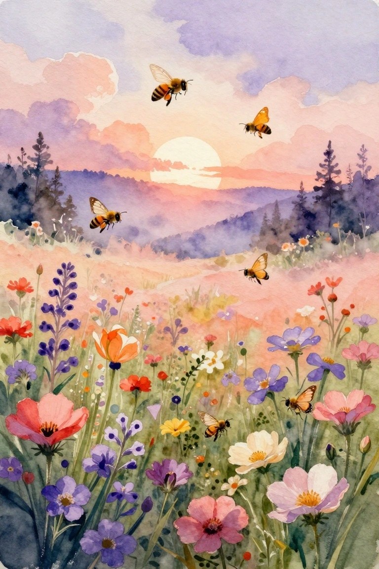 Watercolor meadow of colorful wildflowers with bees and butterflies at sunset