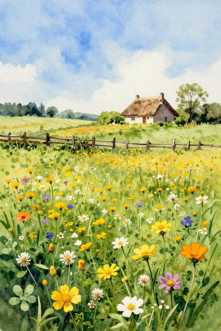 A watercolor painting shows a green meadow filled with yellow wildflowers, a wooden fence, and a small cottage in the distance under a blue sky with clouds.