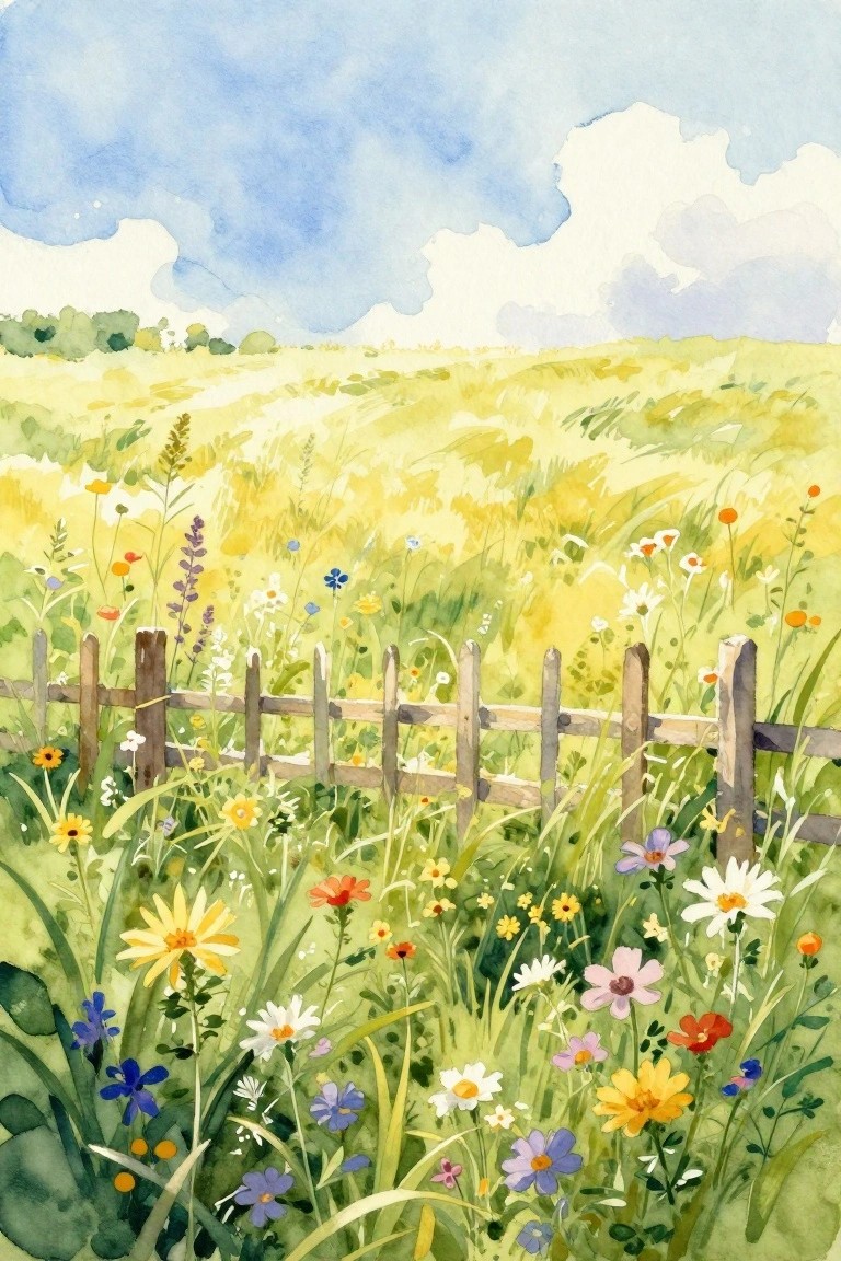 Watercolor painting of a wildflower meadow with colorful flowers and a wooden fence under a blue sky.