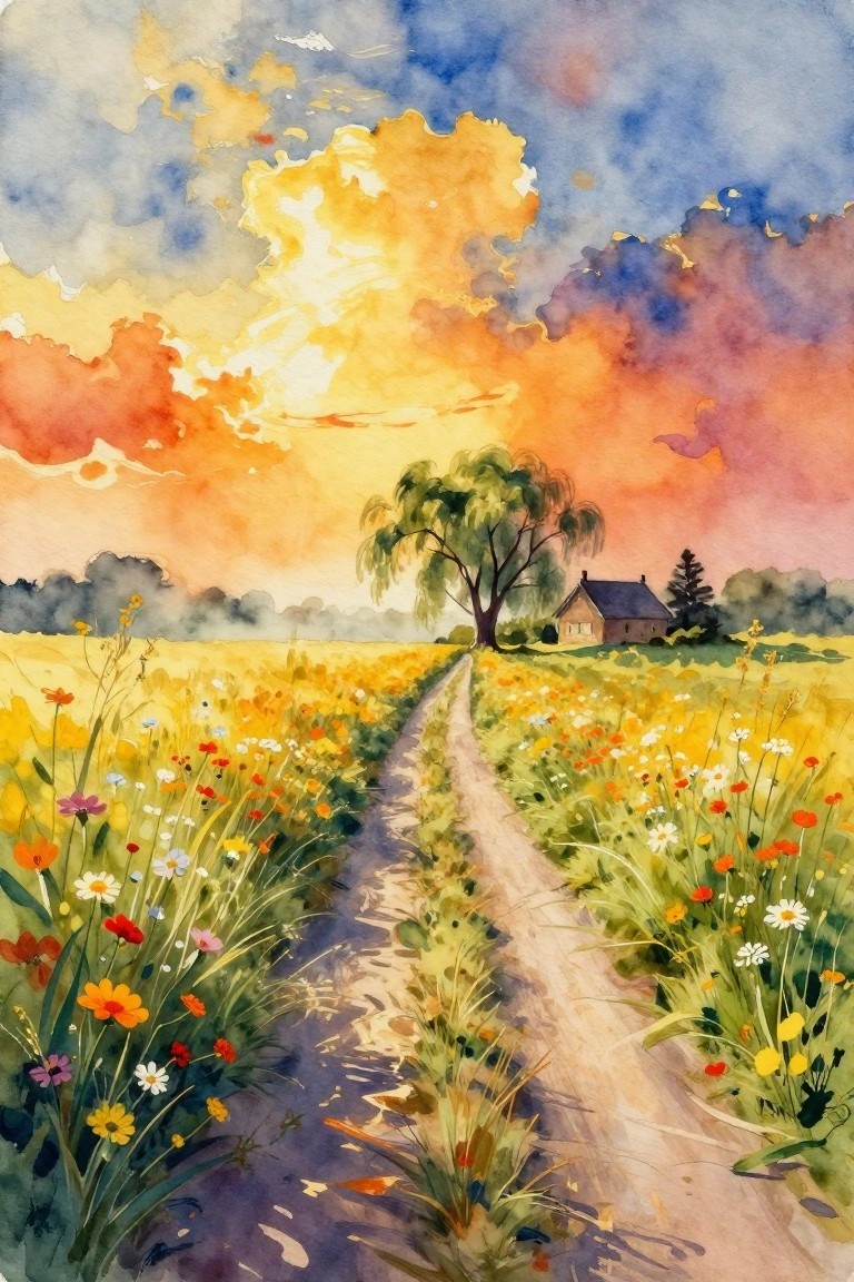 A watercolor painting of a dirt path through a colorful wildflower field leading to a small house and tree under a bright orange and blue sunset sky.