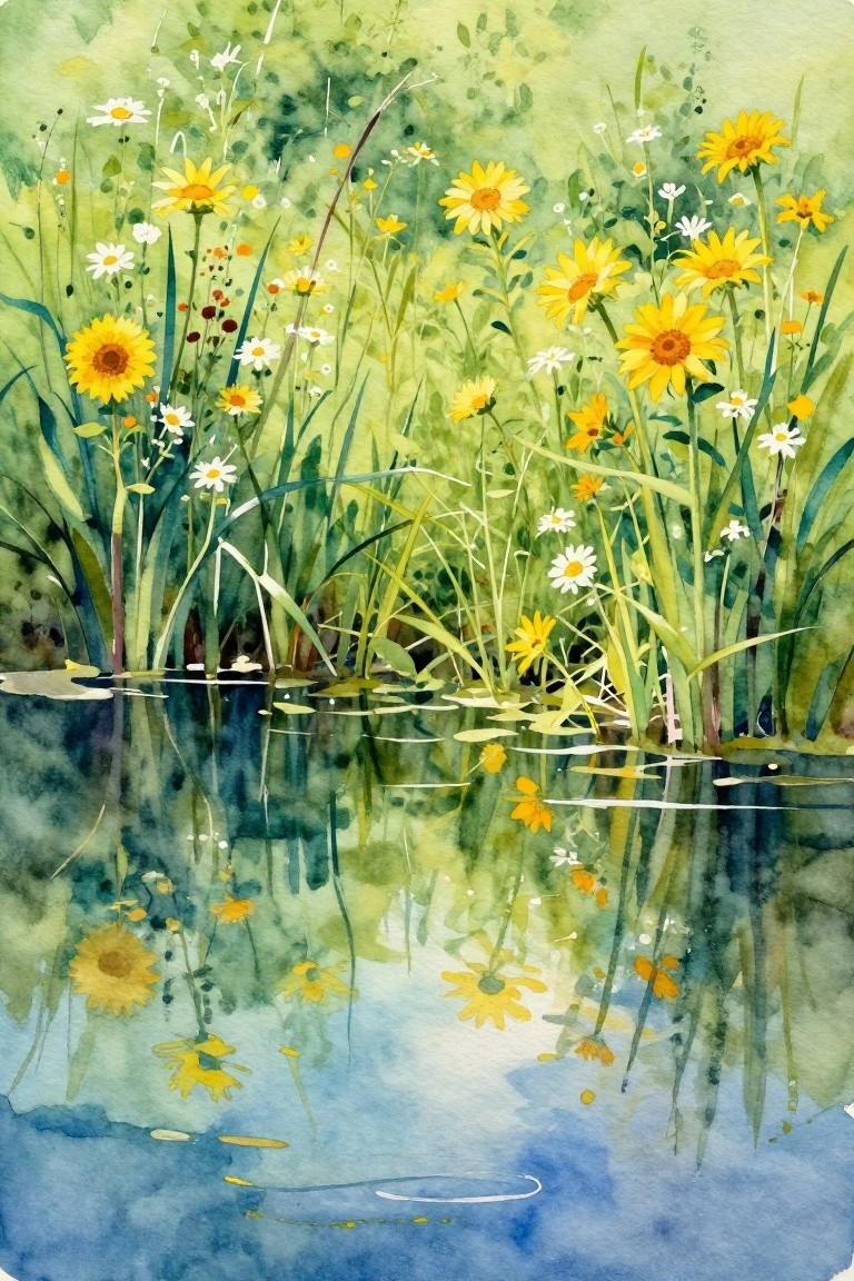 Watercolor painting of yellow wildflowers and green grasses growing beside blue water with reflections visible below.