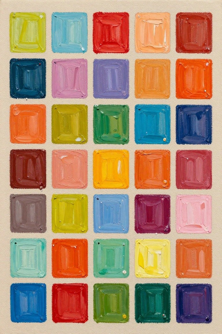 Grid of vibrant colorful square paintings with textured brushstrokes on beige background.