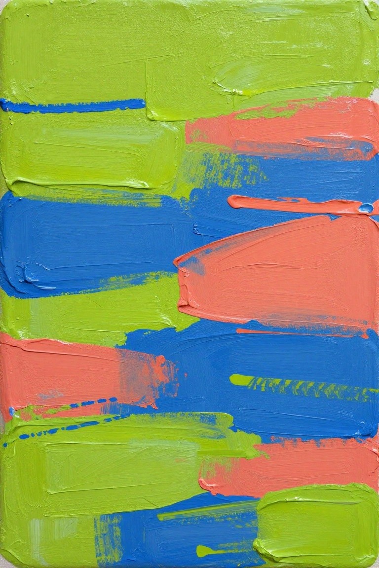 Abstract painting with thick, textured strokes of green, blue, and orange.