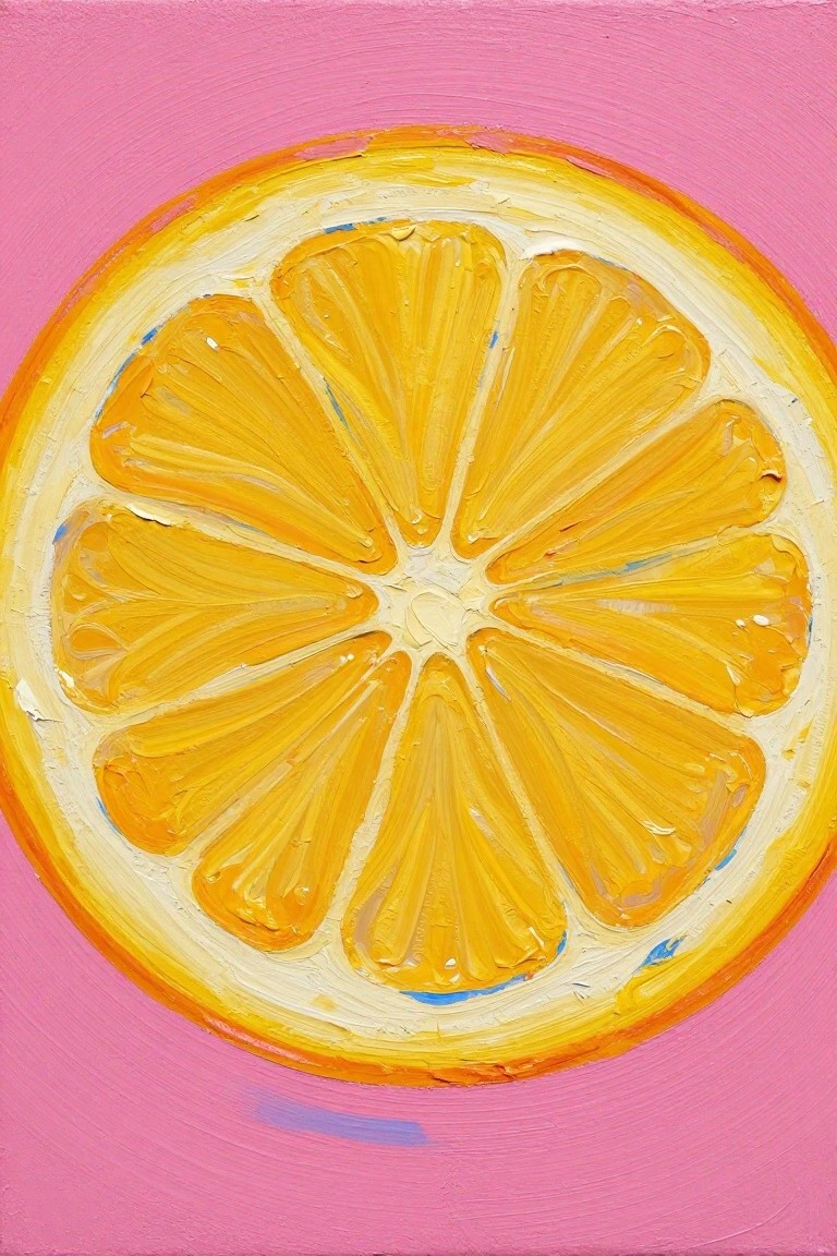 Thickly textured oil painting of a citrus slice on bright pink background