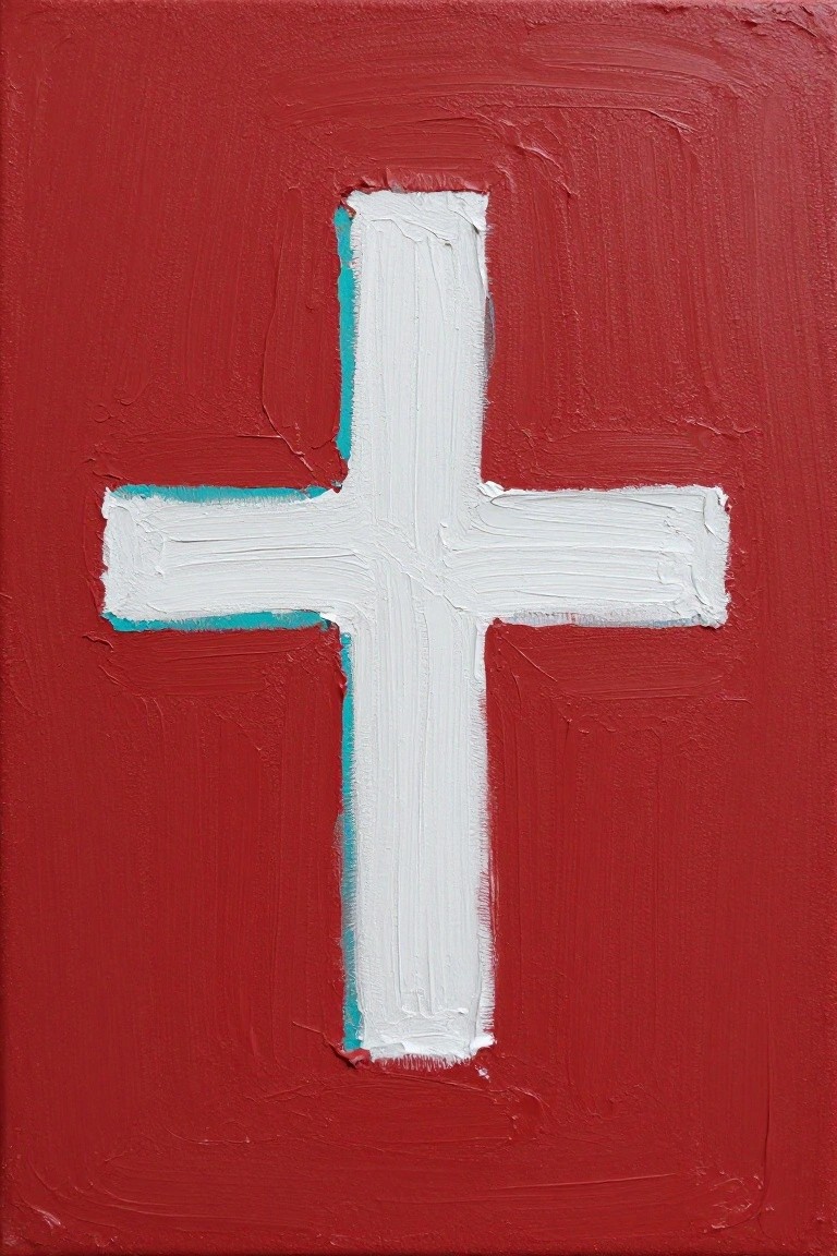 White cross with thick brushstrokes on textured red background, turquoise edges visible.
