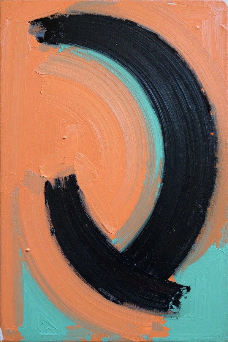 Abstract painting with bold black curves on textured orange and turquoise background
