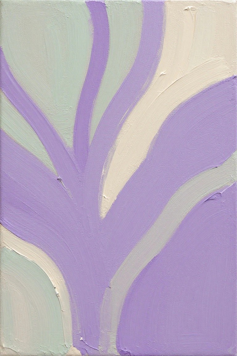 Abstract painting with thick purple, green, and cream curved brushstrokes.