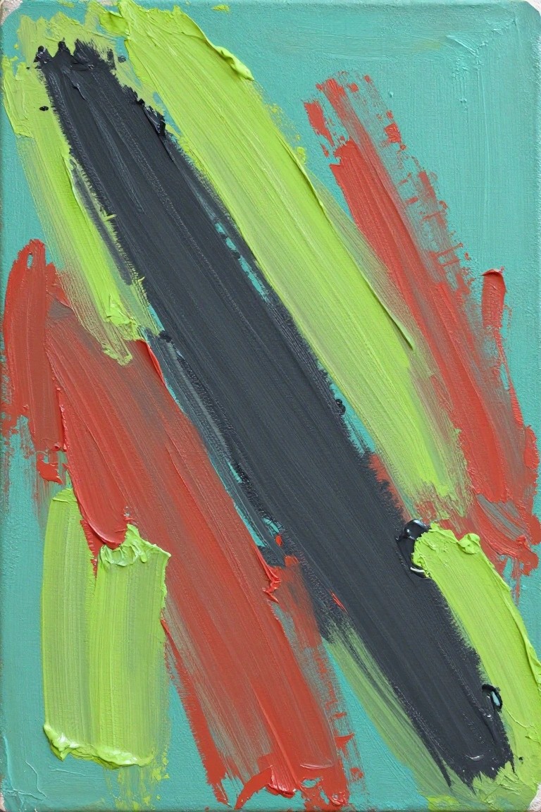 Abstract painting with bold black, red, and lime green brushstrokes on teal background.