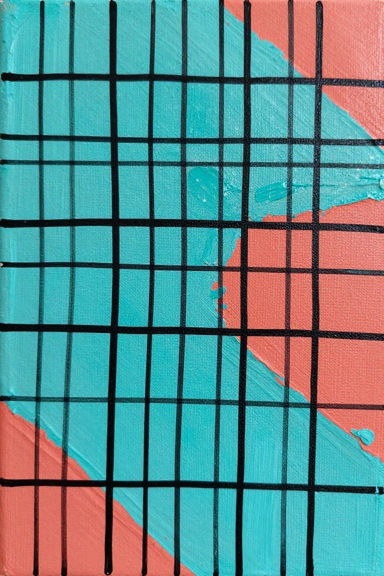 Abstract canvas painting with black grid over turquoise and coral sections