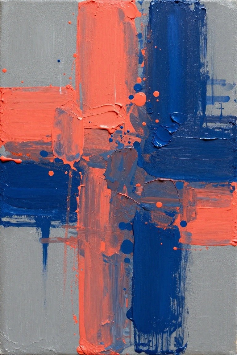 Abstract painting with thick orange, blue, and gray brushstrokes and paint splatters