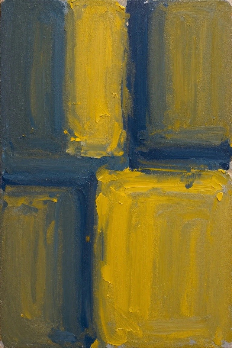 Abstract painting of yellow and dark blue rectangular blocks with thick brushstrokes.