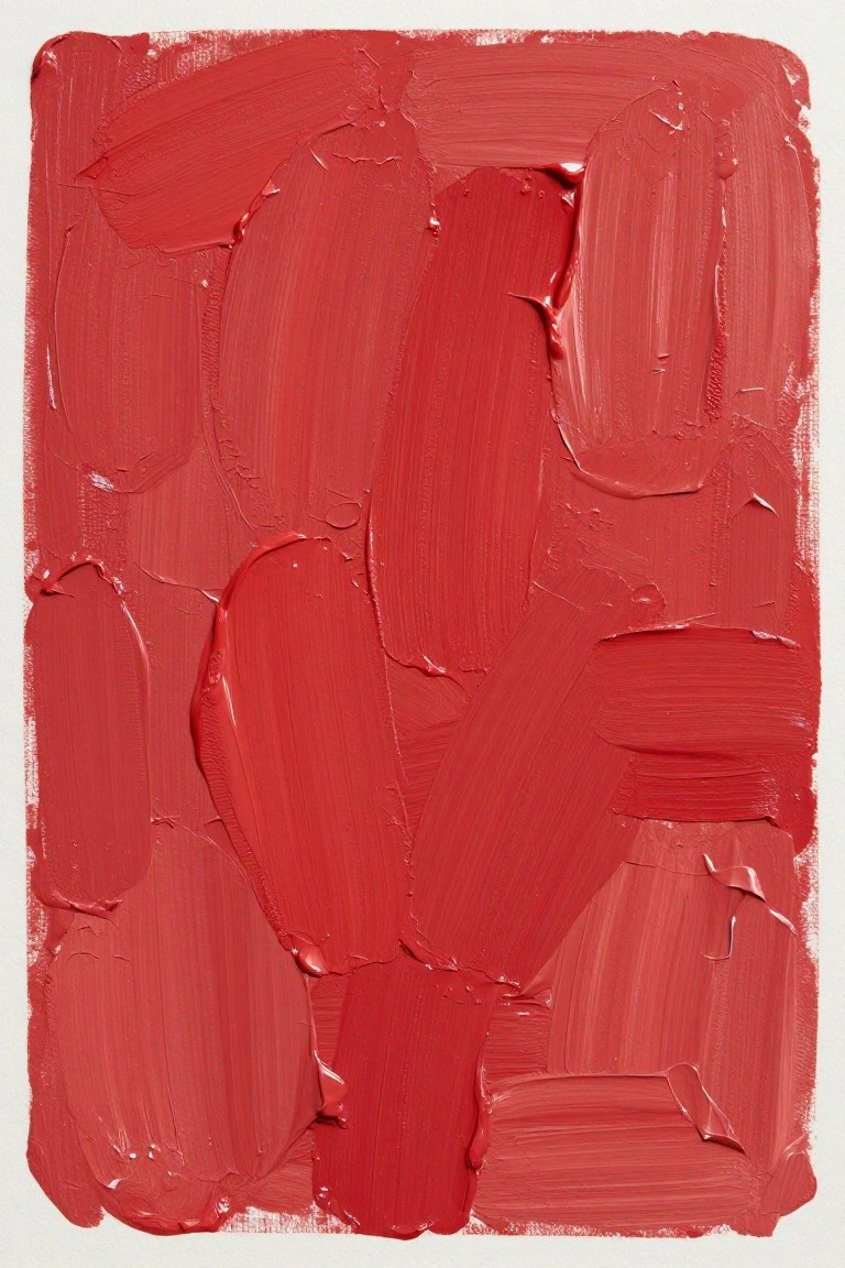 Abstract composition of thick, textured red paint strokes in layered brushwork