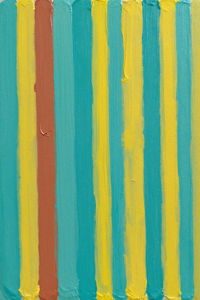 Thick vertical stripes of yellow, teal, and terracotta paint with textured brushstrokes.