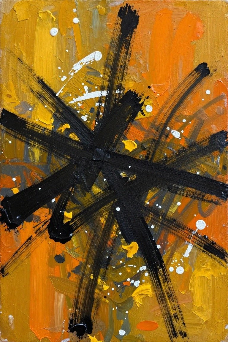 Abstract painting with bold black radiating strokes on orange-yellow background with splatters.