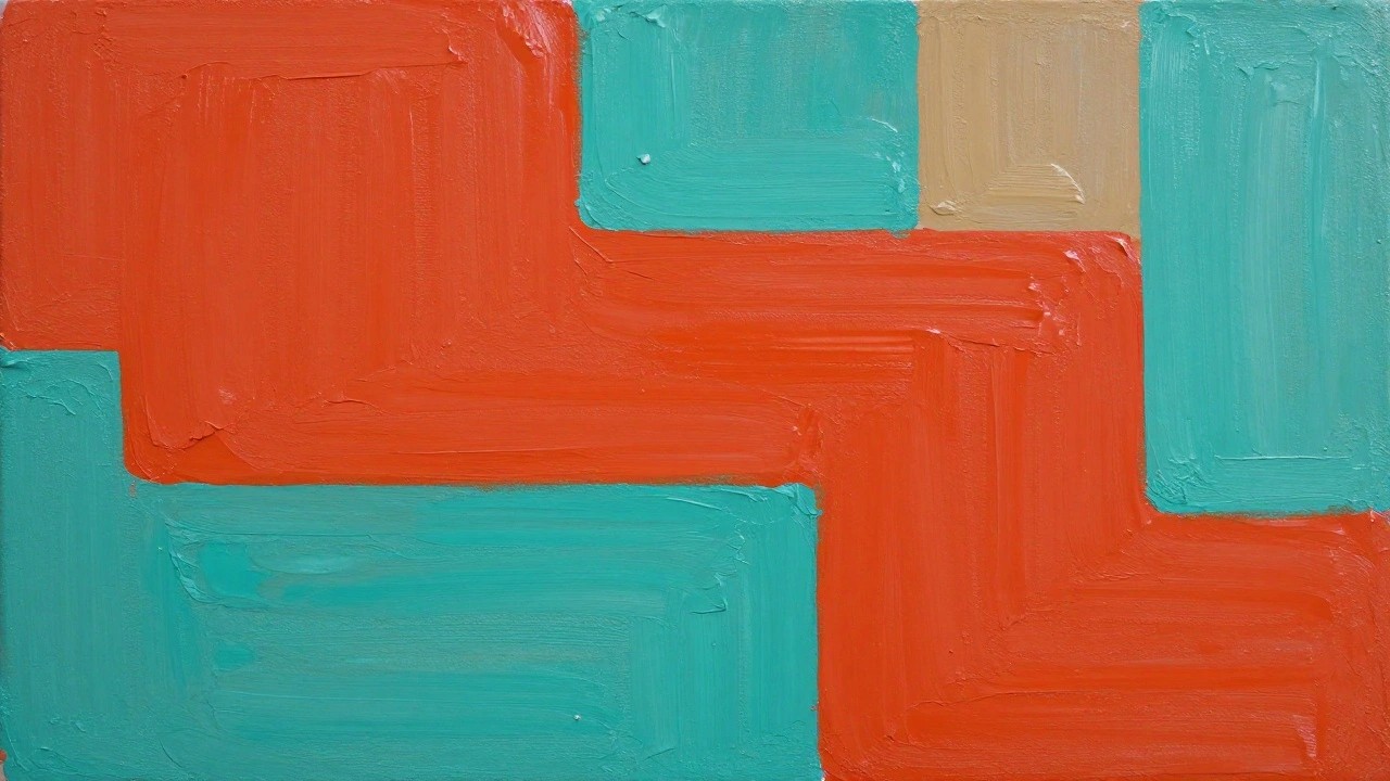 Abstract geometric painting with bold red, teal, brown, and dark gray shapes