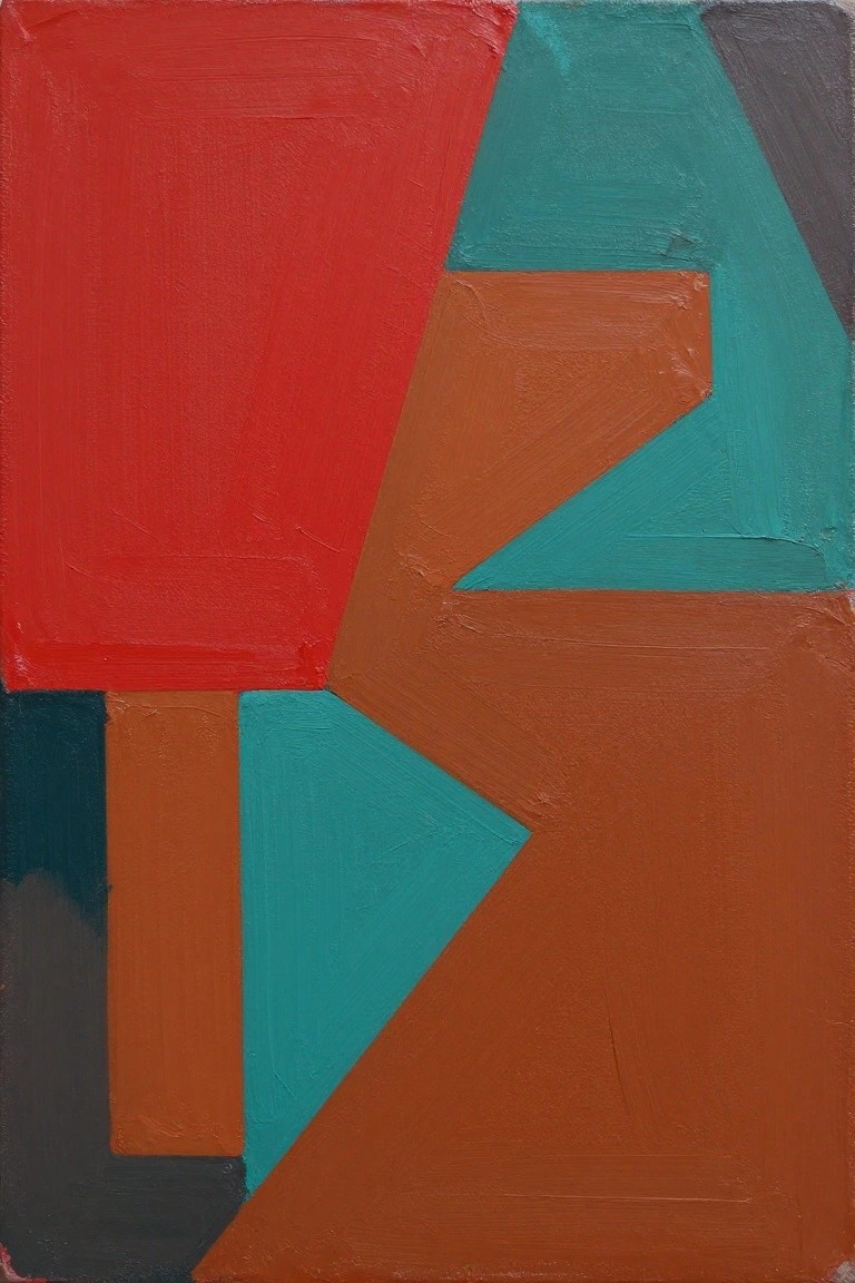 Abstract geometric painting with bold red, teal, brown, and dark gray shapes