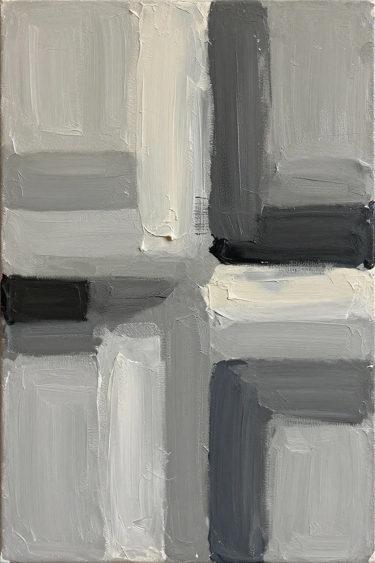 Abstract painting of textured gray rectangles with black and white brushstrokes.